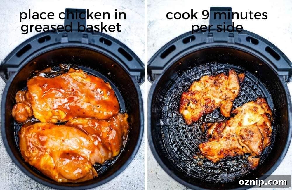 Air Fryer Huli Huli Chicken Recipe 6 Two photo collage of the Hawaiian chicken placed in an air fryer basket and the BBQ chicken after it's been cooked with text overlay.