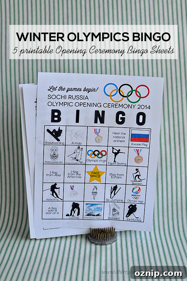 Printable Winter Olympics Opening Ceremony Bingo Cards 2 Printable Winter Olympics BINGO- 5 sheets perfect for the Opening Ceremony www.thirtyhandmadedays.com