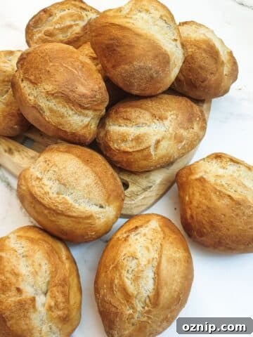 A pile of crusty German bread rolls.