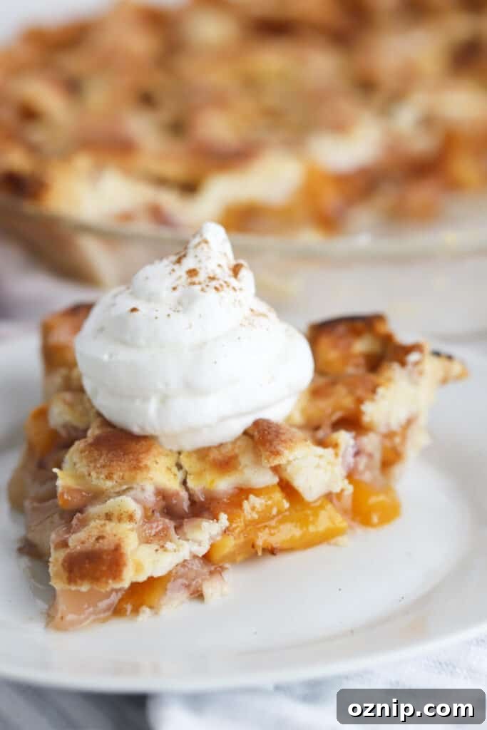 Baked Peach Pie with a Flaky Golden Crust 4 A slice of baked peach pie on a white plate topped with fresh whipped cream.