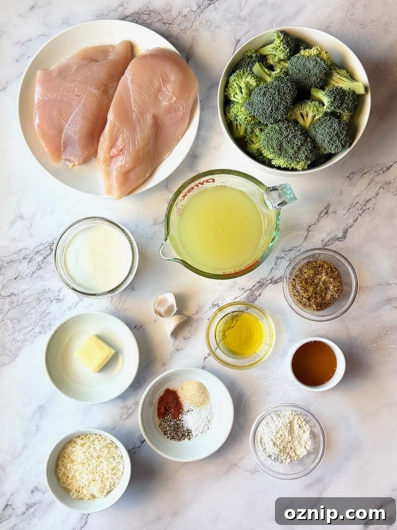 Creamy Honey Mustard Chicken with Broccoli 3 Ingredients listed for honey mustard chicken and broccoli. Chicken breasts, fresh broccoli, chicken broth, heavy cream, garlic, whole grain mustard, honey, olive oil, butter, flour, parmesan cheese, seasonings.