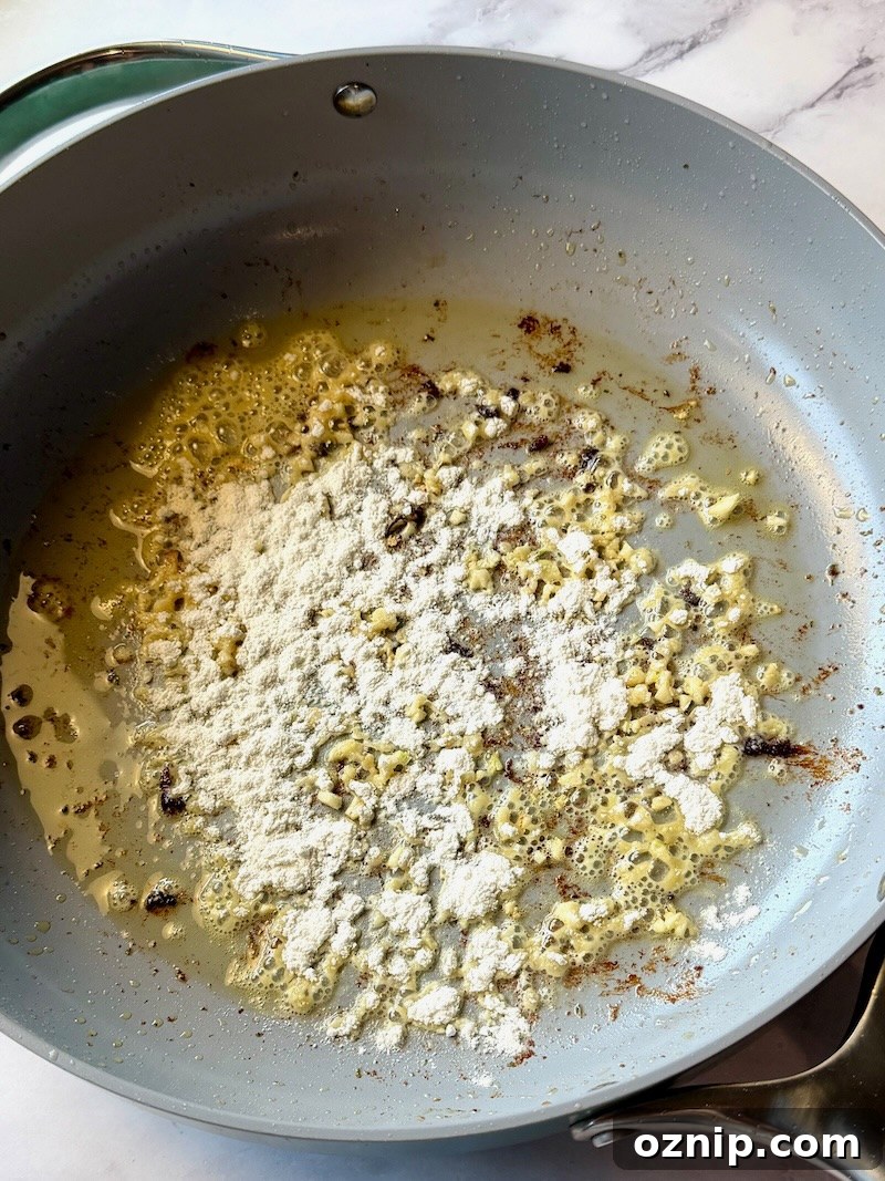Creamy Honey Mustard Chicken with Broccoli 7 Flour added to the skillet with the garlic to thicken the sauce.