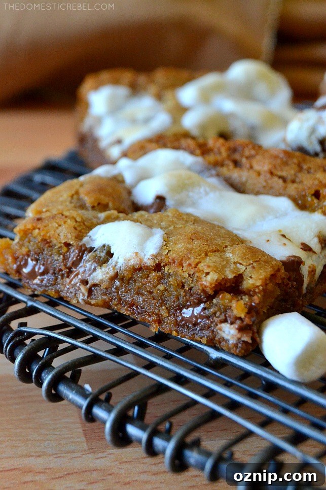 close up of s'mores cookie bar on a wire rack with marshmallow