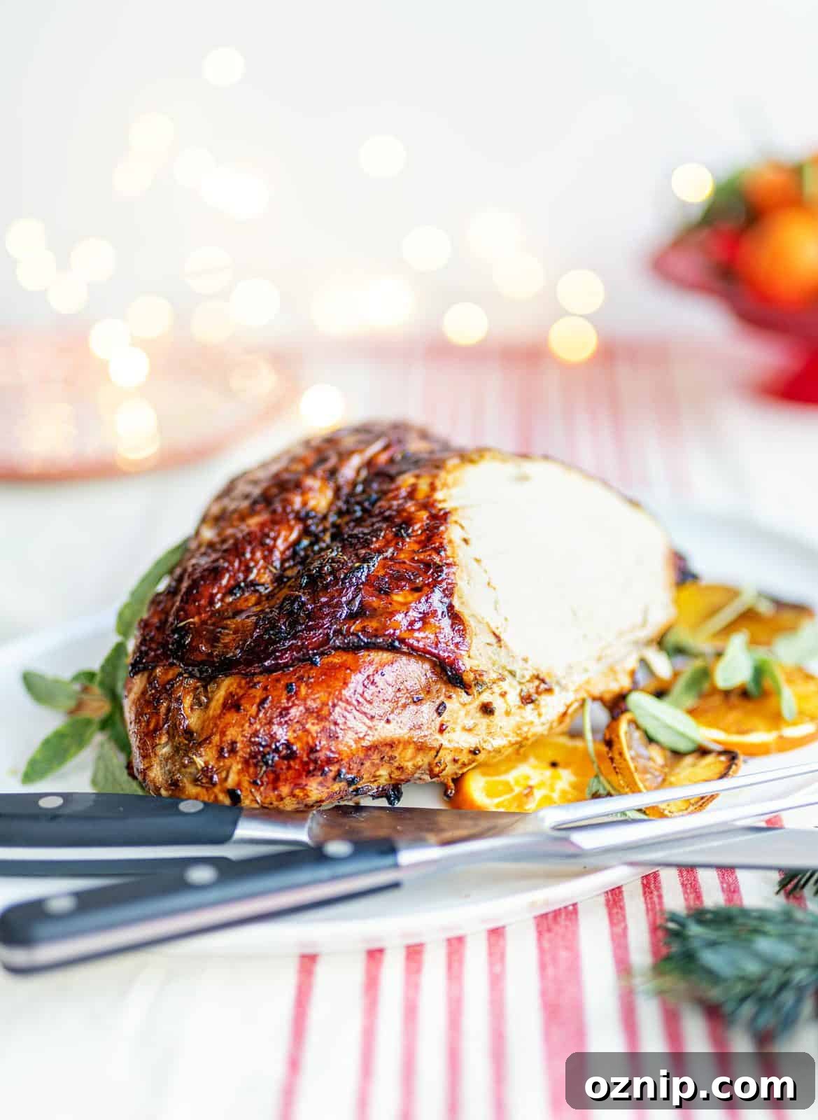 How to Roast a Turkey Crown: Step-by-Step Cooking Guide 6 Sliced roast turkey crown on a white platter