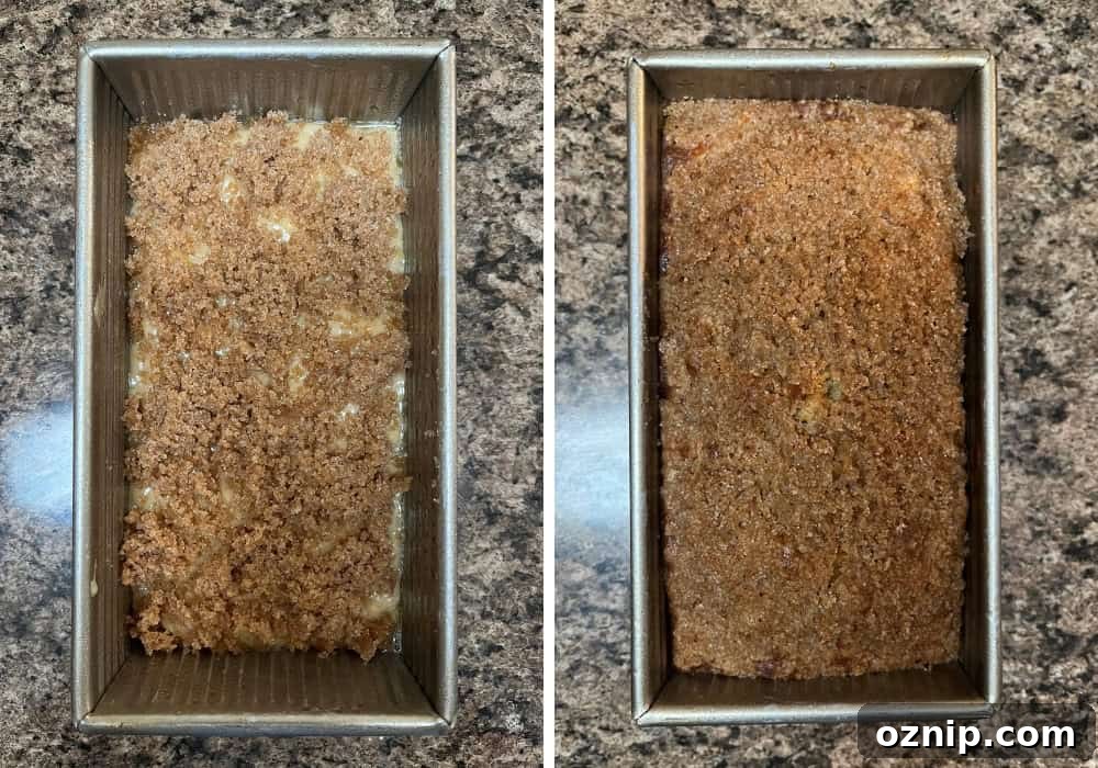two photos; one shows batter and streusel for pineapple bread in a loaf pan prior to baking; the other shows the loaf in the pan after baking.