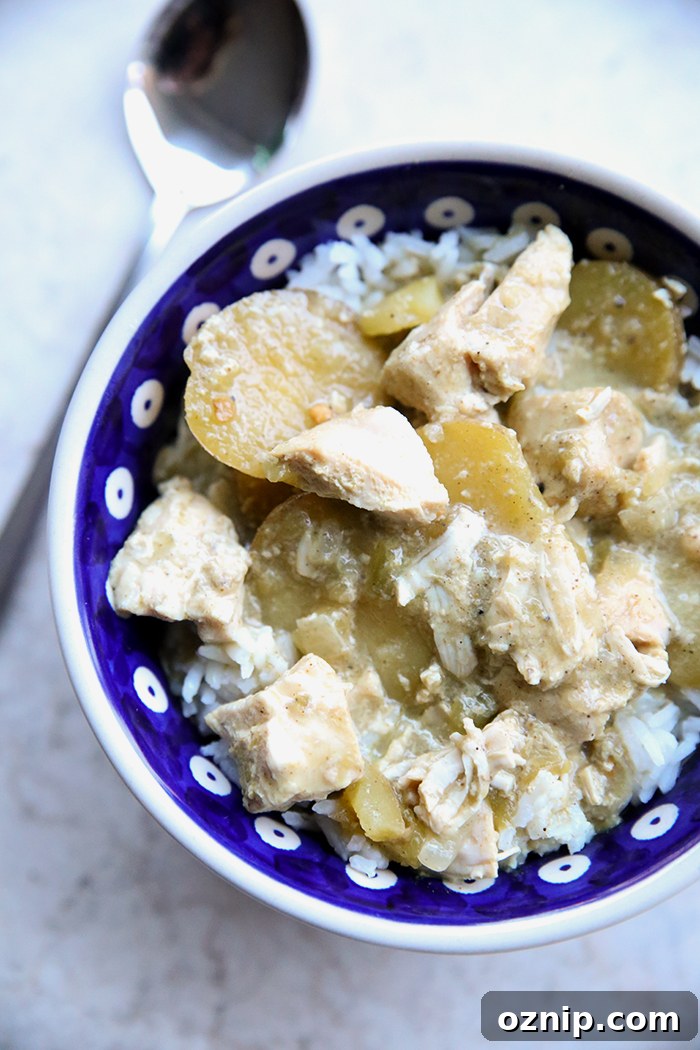 A dark blue Polish pottery bowl with white polka dots with a blue dot in the middle with rice and green curry with chicken and potatoes on top. A spoon is placed diagonally by the left upper side of the bowl.