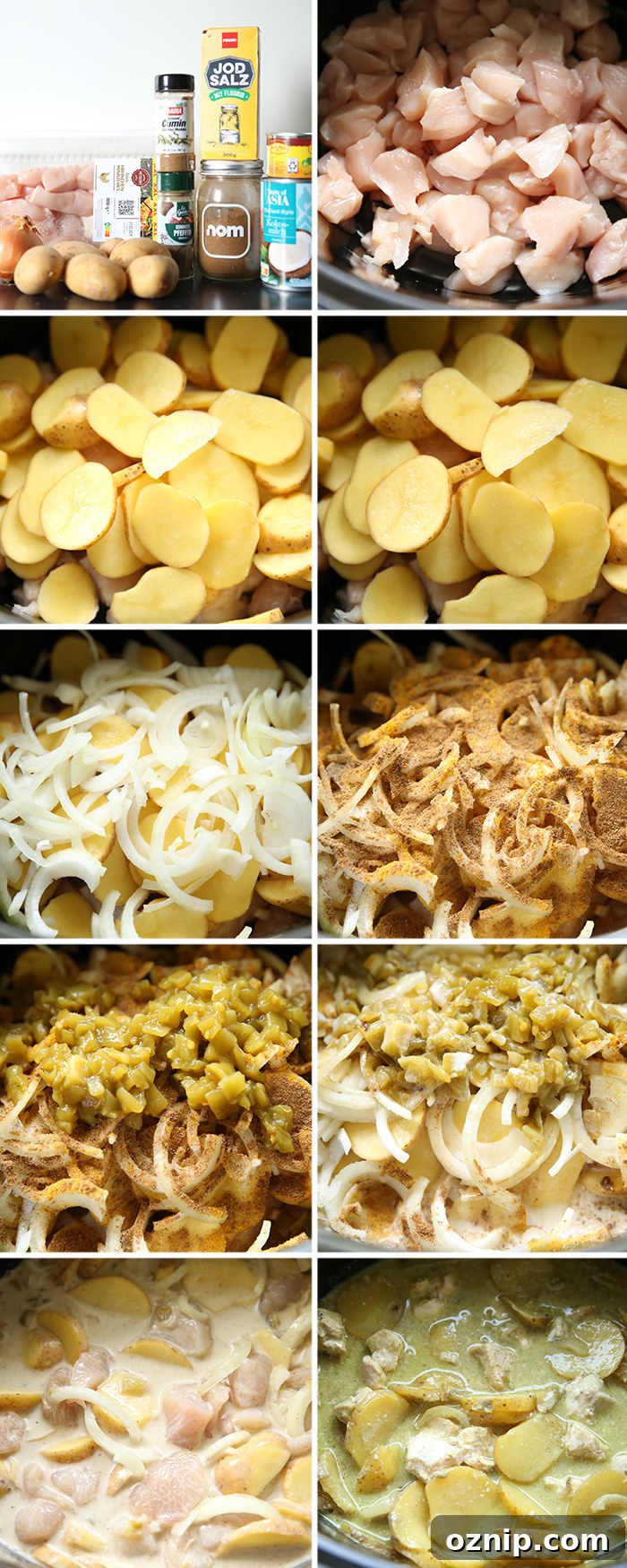 10-photo picture collage of step-by-step photos of how to make Slow Cooker Green Curry with Chicken and Potatoes