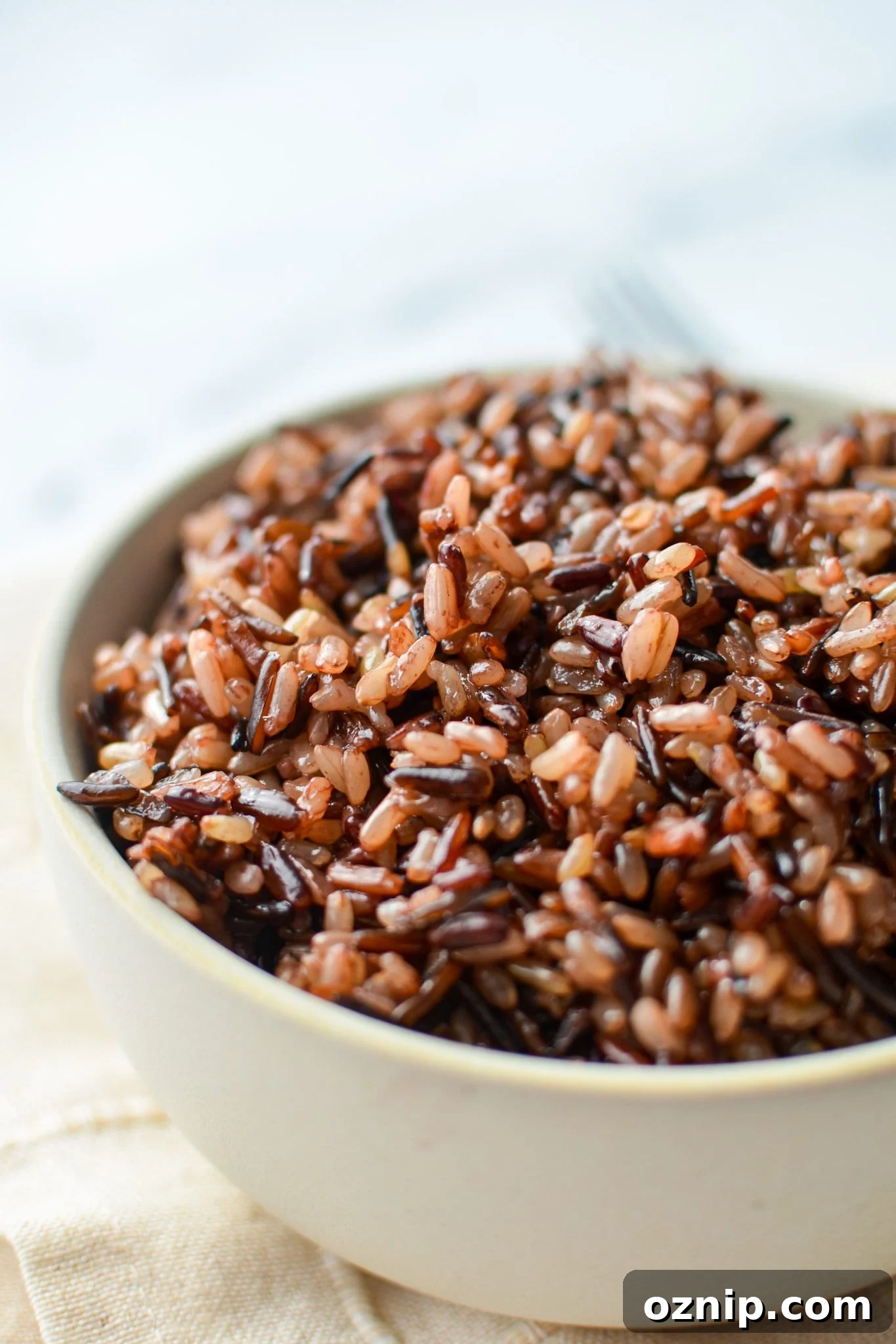 A bowl of wild rice on a cloth napkin.