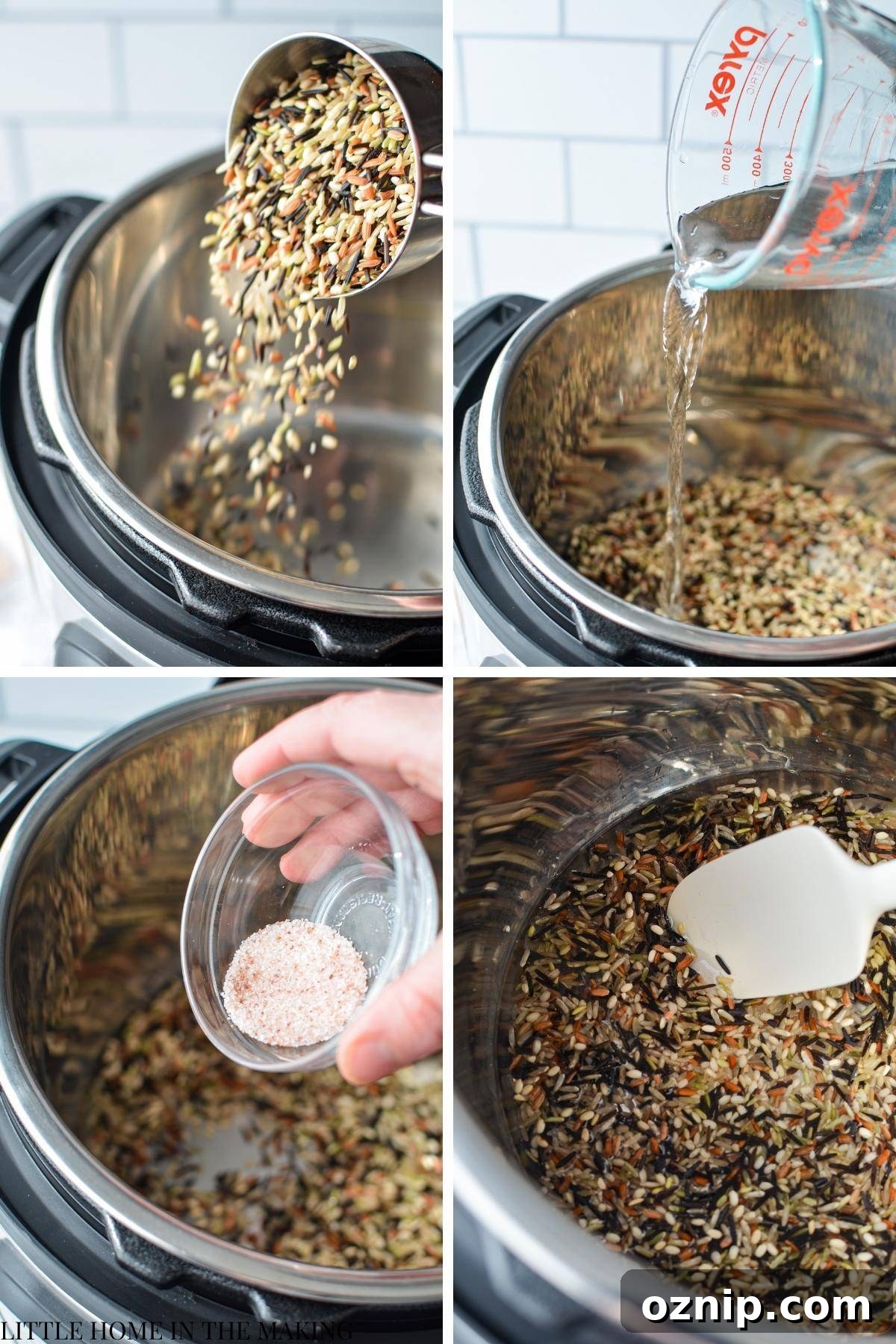 Adding rice, water, and salt to an Instant Pot and stirring everything together.