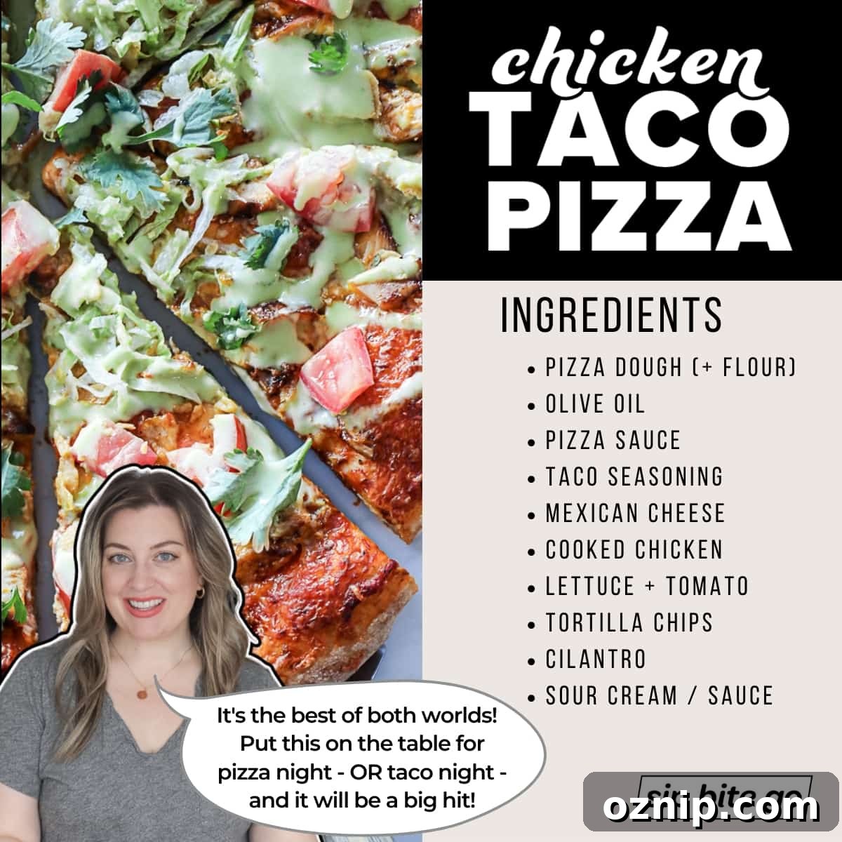 Infographic with Chicken Taco Pizza Recipe Ingredients