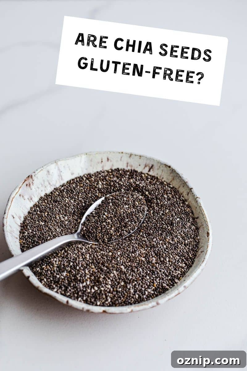 Black chia seeds in a small white bowl with a spoon.