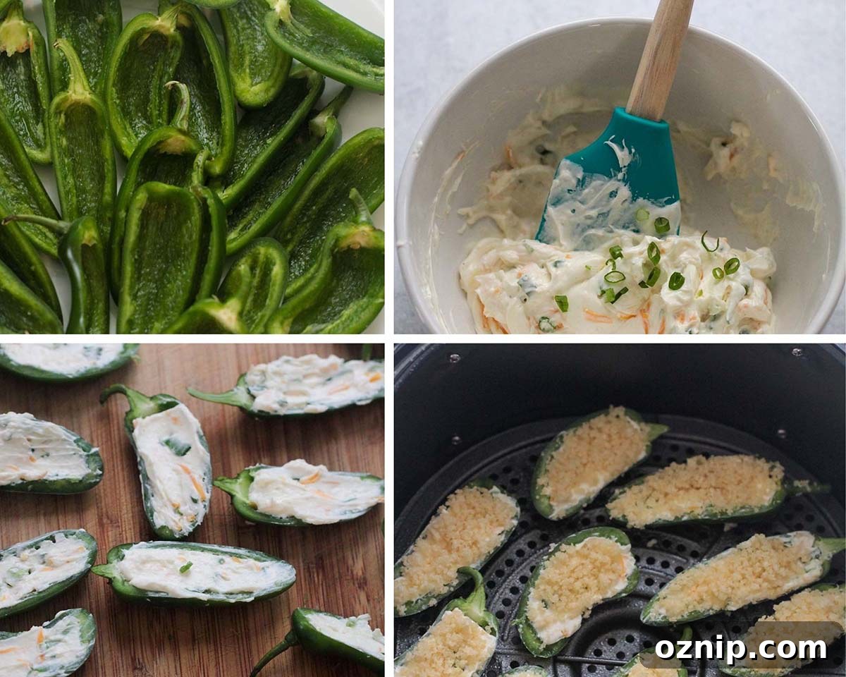 collage with four photos showing how to make jalapeno poppers in the air fryer.