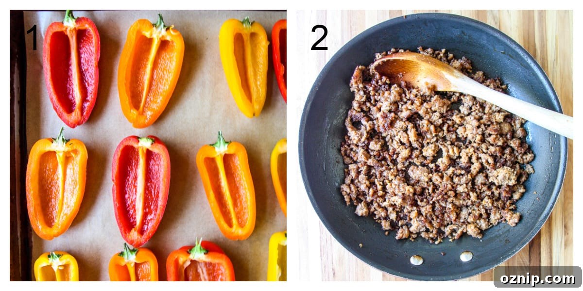 Sausage Stuffed Mini Peppers Recipe 5 Steps 1 and 2, the peppers cut in half and the sausage being browned in a skillet.