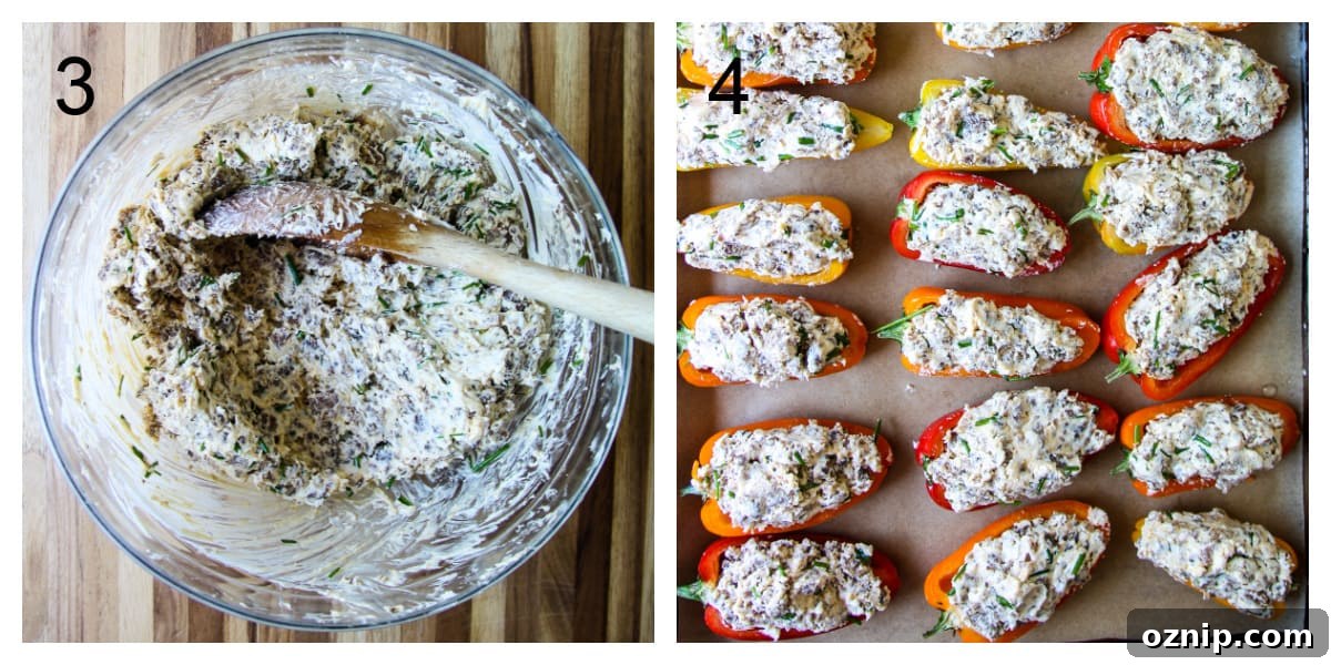 Sausage Stuffed Mini Peppers Recipe 6 Steps 3 and 4, the sausage being combined in a bowl with cream cheese, and the pepper halves being filled.