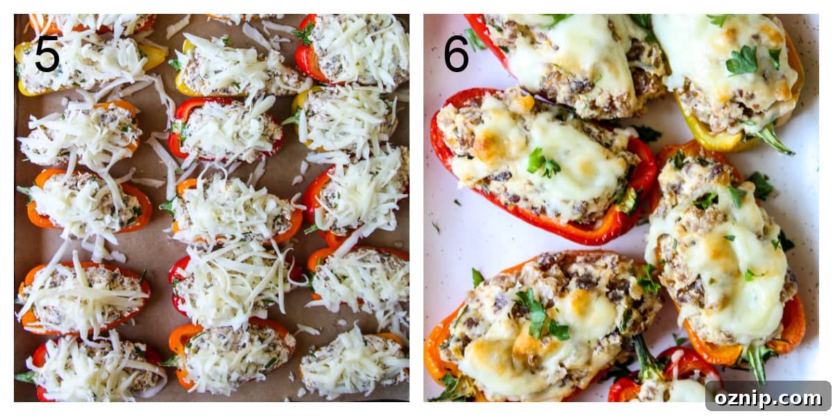 Sausage Stuffed Mini Peppers Recipe 7 Steps 5 and 6, the filled pepper halves are topped with shredded cheese, and the peppers are baked.
