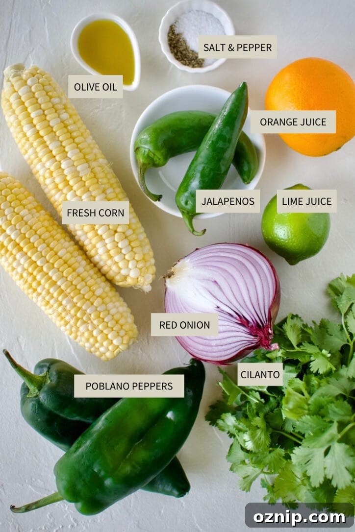 Ingredients needed to make Roasted Chili-Corn Salsa.