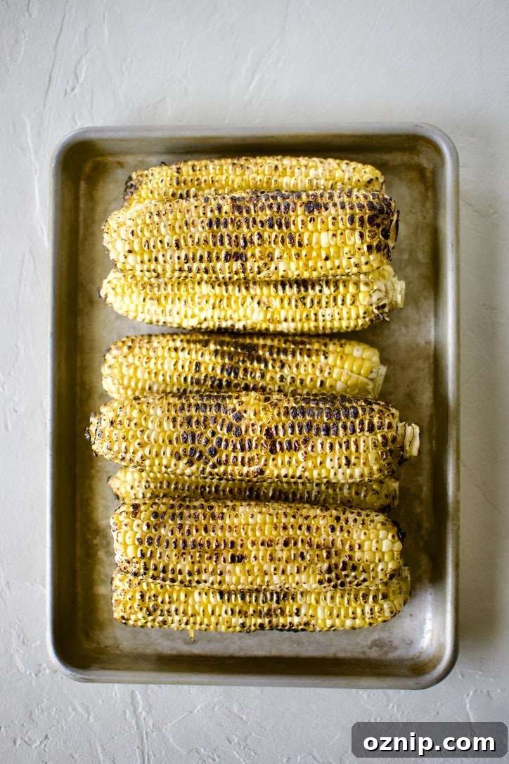 Charred sweet corn on a sheet pan.