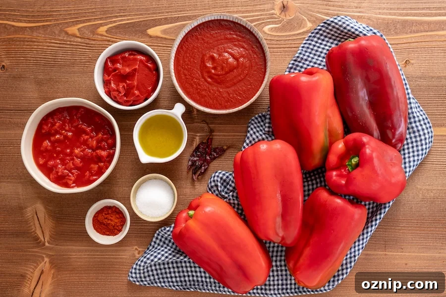 Ingredients for Matbucha: tomatoes, red bell peppers, olive oil, spices