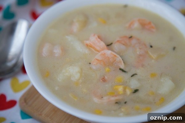 Weight Watchers Instant Pot Potato and Shrimp Soup in a white bowl.