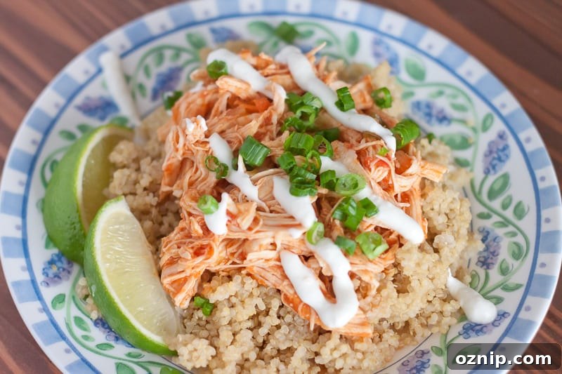Instant Pot Salsa Chicken on a blue and white plate served with rice and a lime garnish and drizzled with plain non-fat Greek yogurt