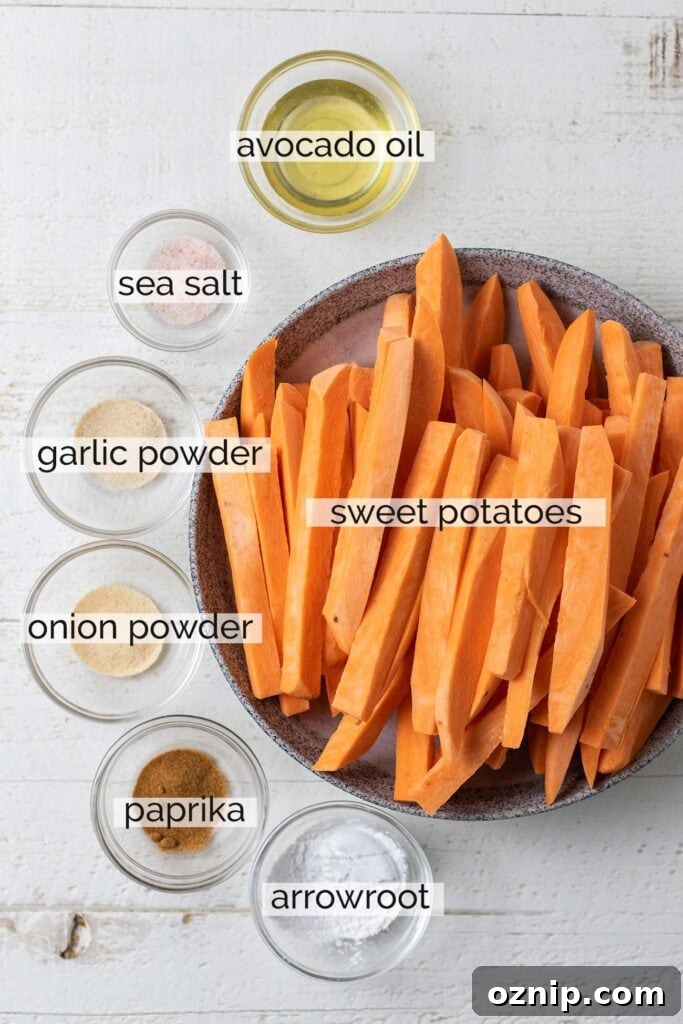 The ingredients needed to make air fryer sweet potato fries.
