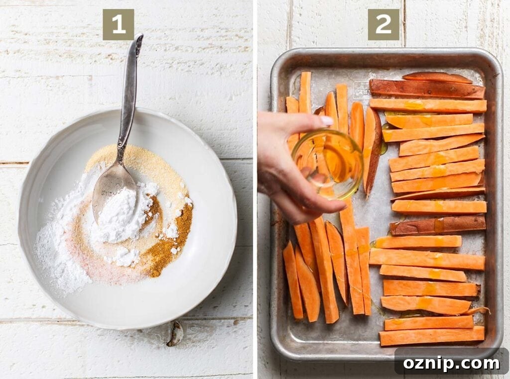 Step 1 shows stirring together the starch and the spices, and step 2 shows drizzling the cut sweet potatoes with avocado oil.