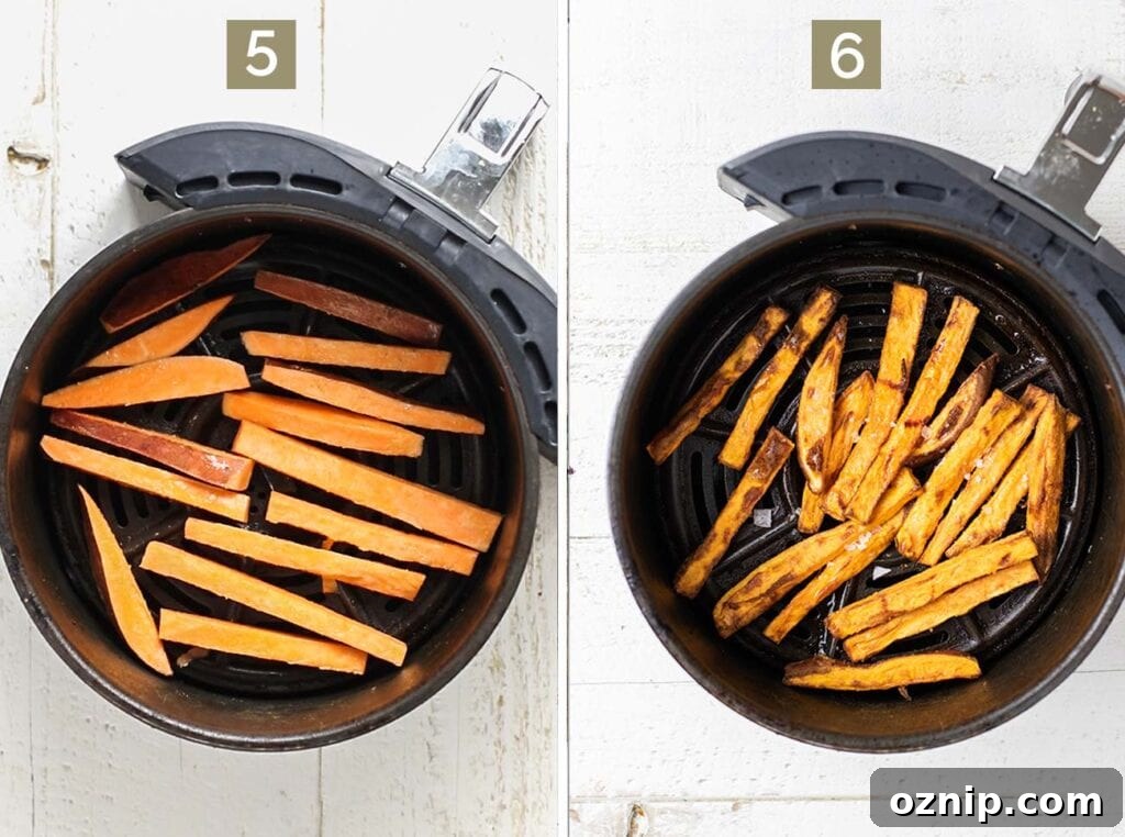 Step 5 shows to add sweet potato fries in a single layer, giving them space, before air frying them until crisp and browned.