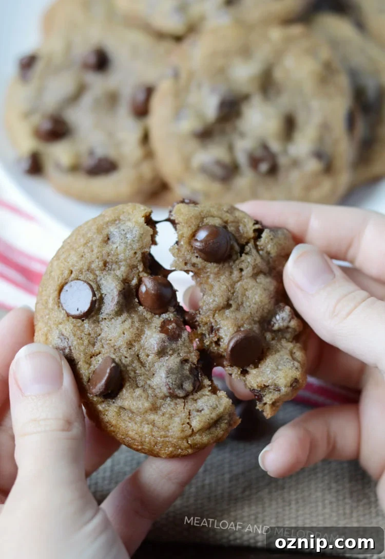 freshly baked cookie with melted chocolate morsels in hand.