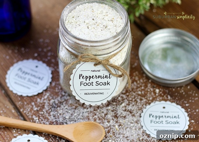 DIY Peppermint Foot Soak for Tired Feet 6 Peppermint foot soak in a jar with a tag