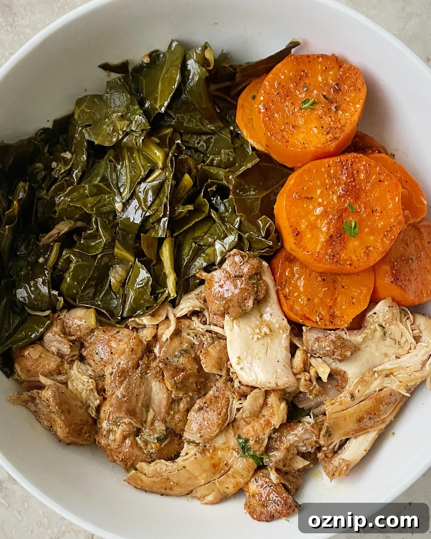 Slow Cooker Soul Food Dinner Recipes 6 overhead shot of slow cooker soul food dinner in a white bowl