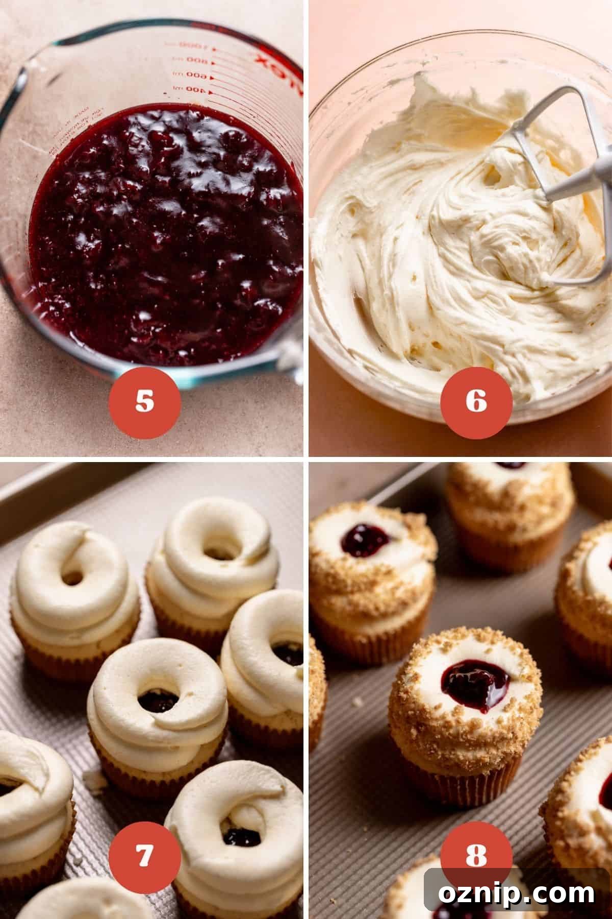 Cherry Cheesecake Cupcakes with Graham Cracker Crust 5 A process collage of the steps for frosting and decorating the cherry cupcakes.