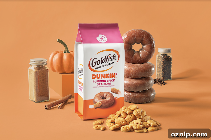 Goldfish Debuts Dunkin Pumpkin Spice Grahams for Fall 6 Bright pink and orange Pumpkin Spice Goldfish package