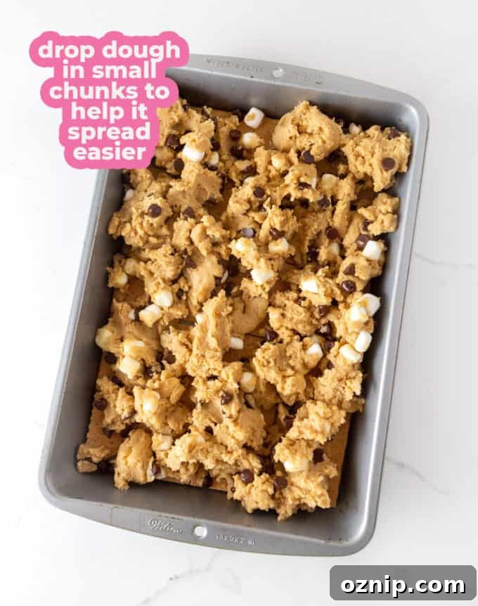 unbaked s'more cookie bars in 9x13 pan