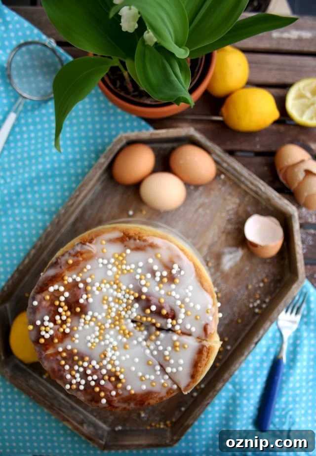 Kulich - Sweet Russian Easter Bread Overhead Shot with Lemons at the Side