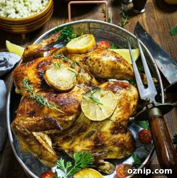 Served whole butterflied bird with herbs and lemon.