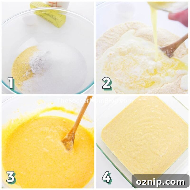 Classic Sweet Northern Style Cornbread 5 step by step photo collage showing how to make cornbread batter