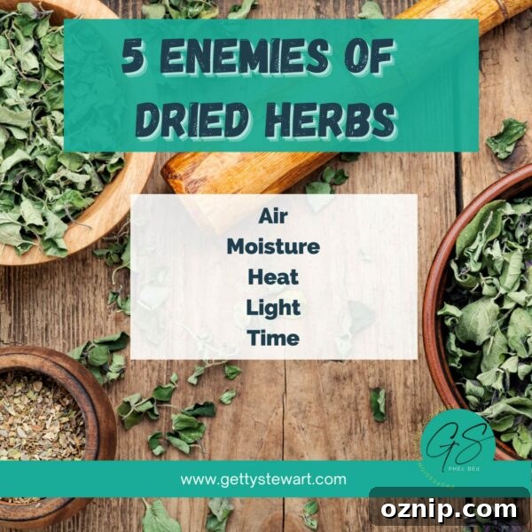 list of 5 enemies of dried herbs air moisture light heat time