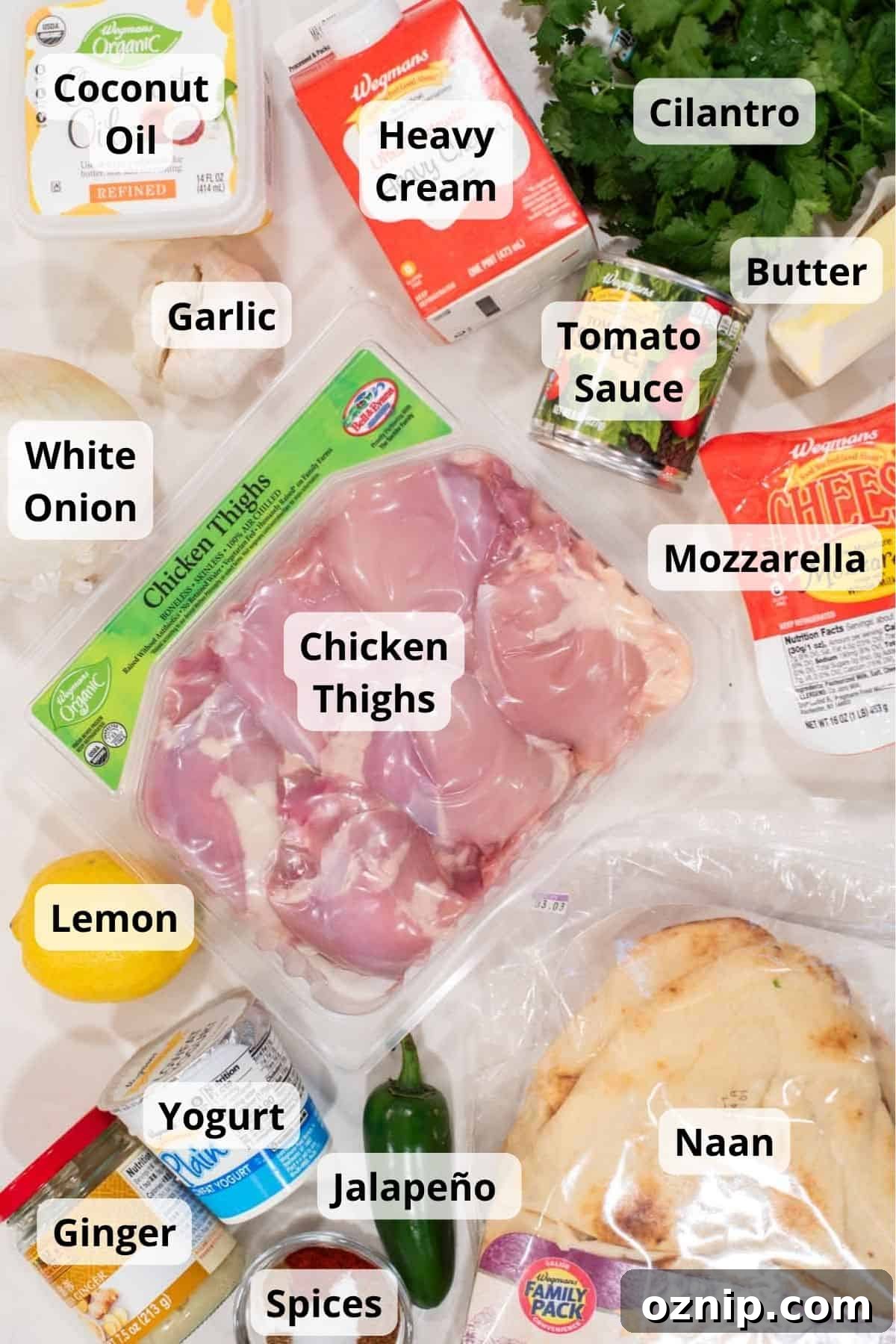 Ingredients for chicken tikka pizza.