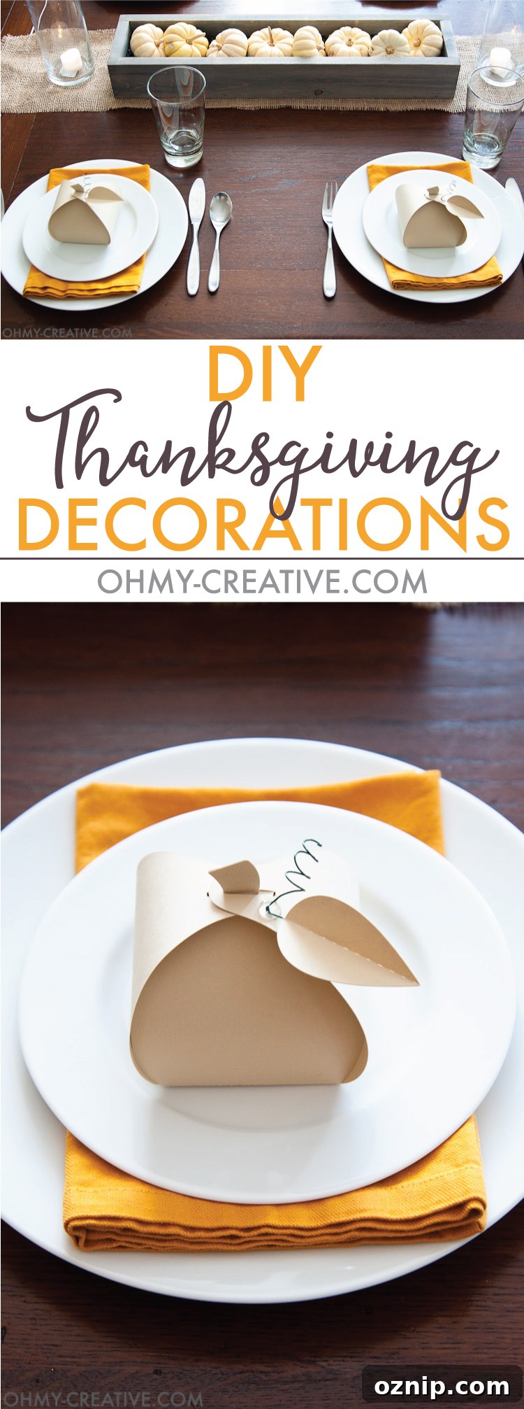 Make these easy paper pumpkins for your Thanksgiving table or any DIY Thanksgiving decorations. You can fill them with treats, use them as a place card, or just put them on your mantle to decorate. | OHMY-CREATIVE.COM