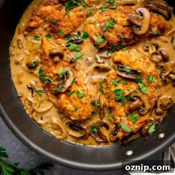 chicken marsala in a pan with mushroom and onions, sprinkled with fresh parsley