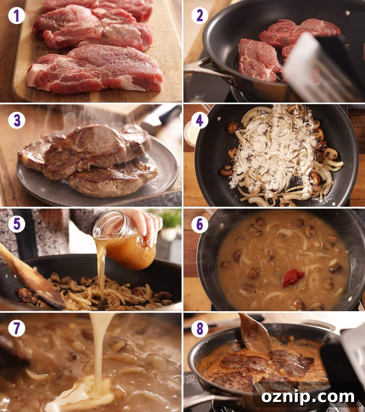 8 image collage showing how to make smothered pork.