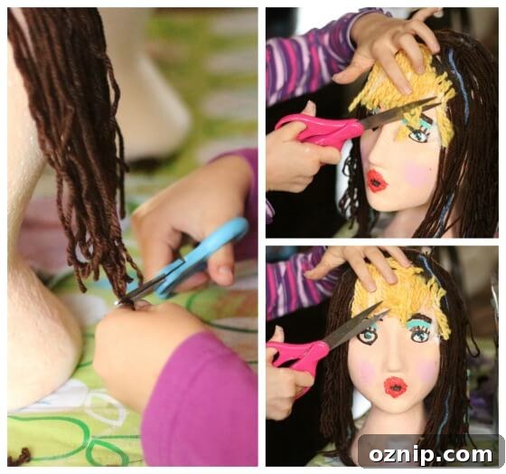 Styrofoam Head Self Portrait Art Project for Kids 12 kids Cutting yarn hair on styrofoam head craft