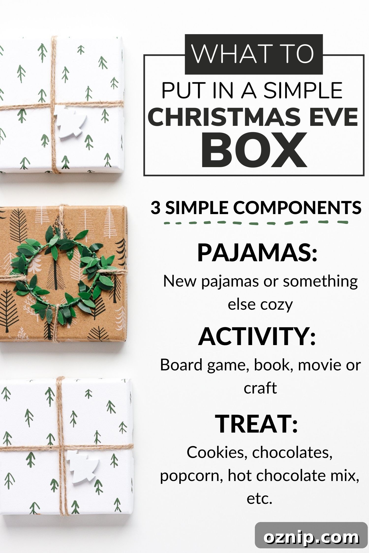 Infographic describing what to put in a simple Christmas Eve box.