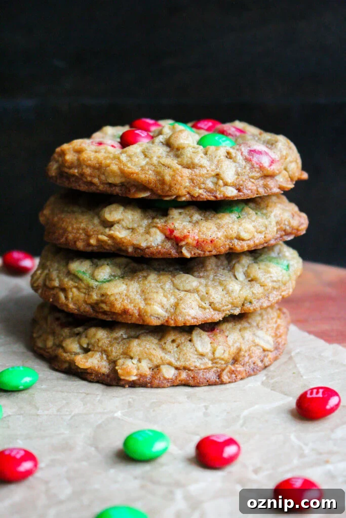 Stack of Christmas M&M oatmeal cookies
