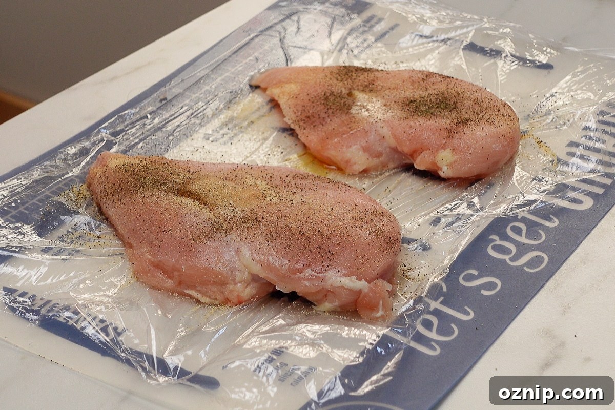 Two chicken breasts with seasoning.
