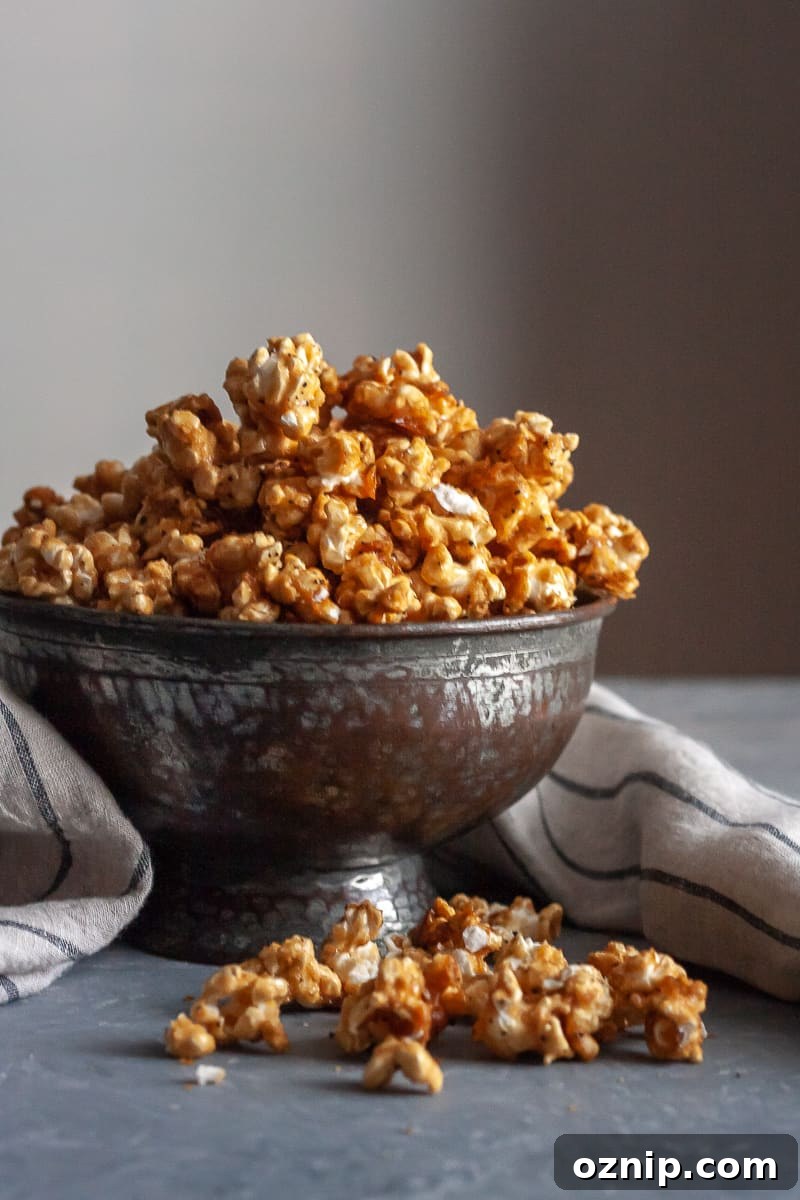 Crunchy chai tea caramel corn in a bowl, perfect for fall snacking or gifting