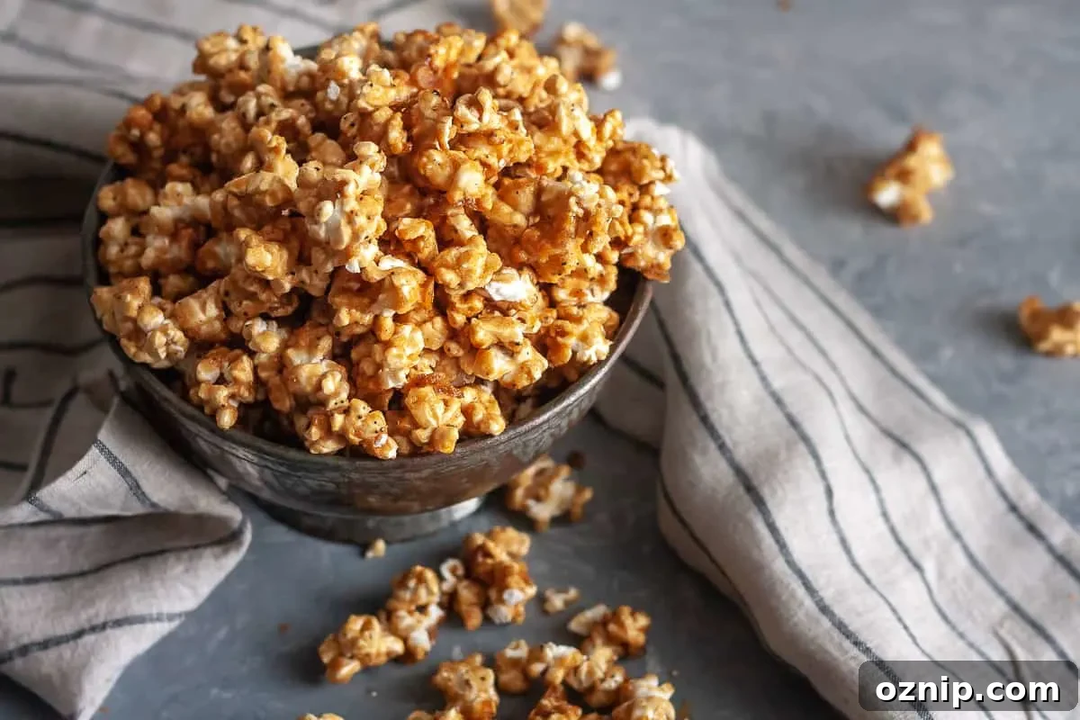 Homemade chai tea caramel corn with a crunchy caramel coating