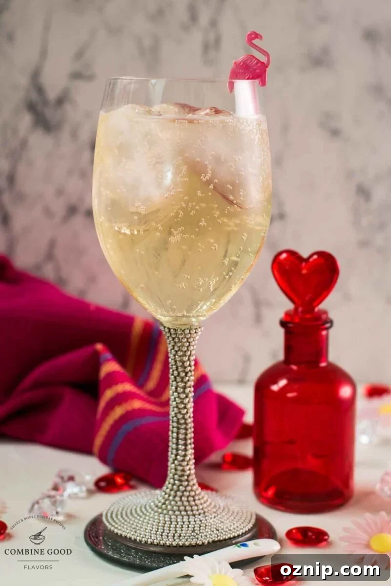 Valentine's Gin Cocktail Recipe for a Romantic Evening 2 Valentines gin cocktail, garnished with a gorgeous flamingo cocktail pick, served in wine glass. Placed on a mirrored coaster next to a heart shaped flask.