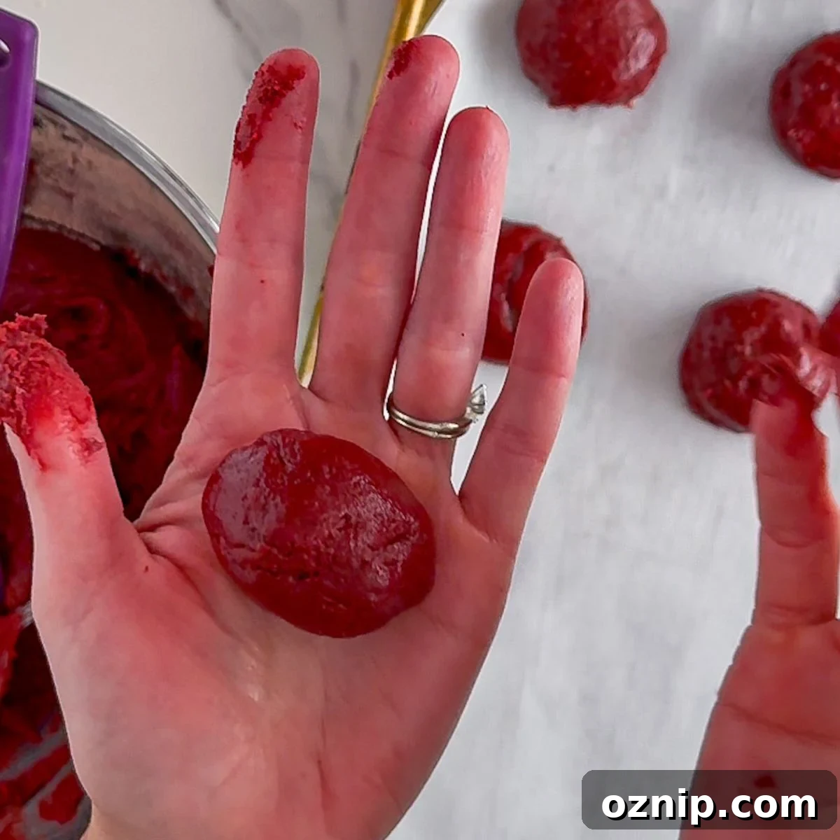 Chewy Red Velvet Cake Mix Cookies Recipe 5 Rolling the dough into a ball.