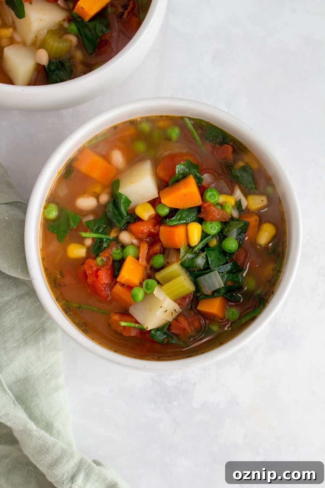 Overhead view of a bowl of instant pot vegetable soup.